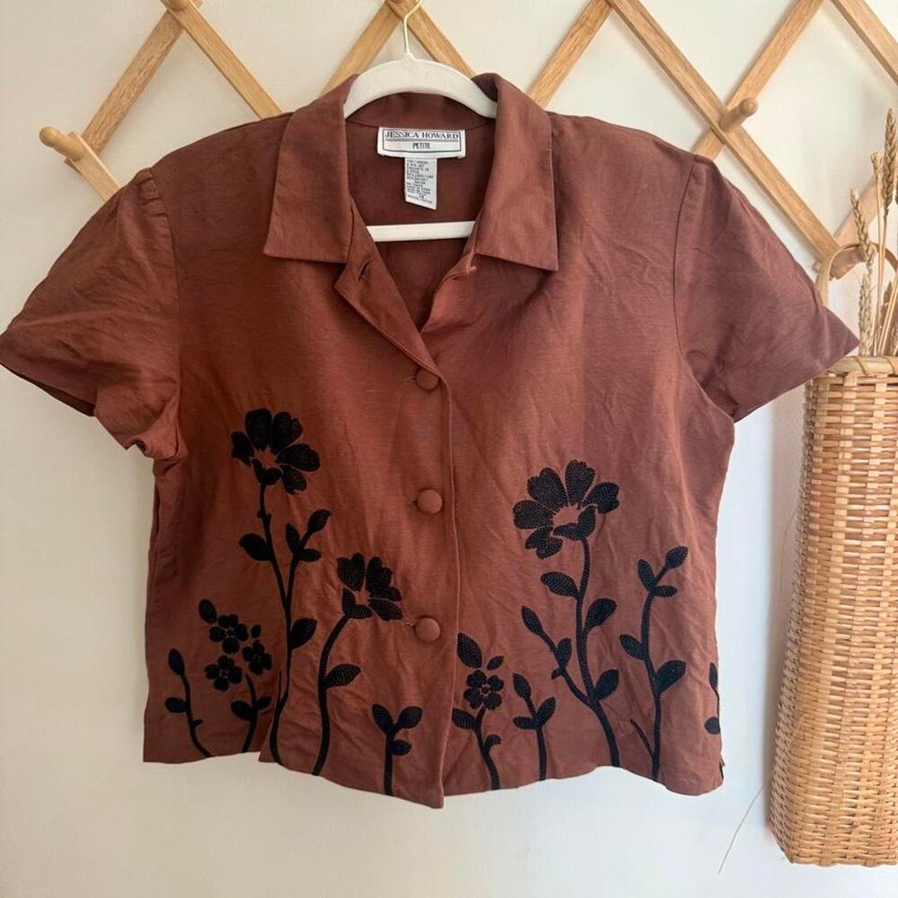 Vintage linen blend button up embroidered floral petite 14